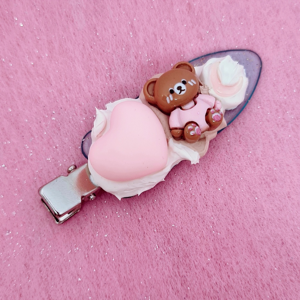 Barrette gourmande nounours et cœur pastel